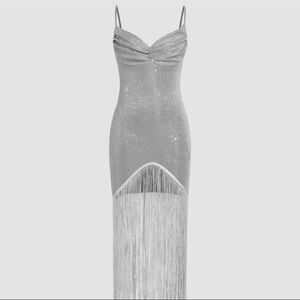 Silver Sparkly Fringe Midi Dress